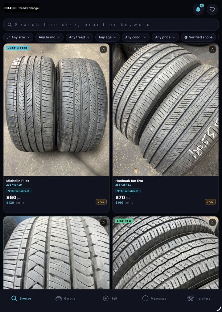 treadXchange iOS app showing tire listings